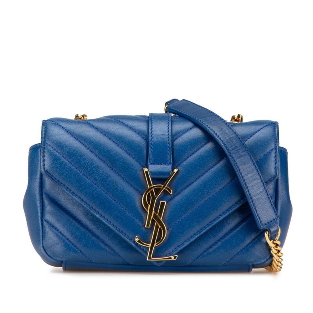 Saint Laurent YSL Monogram Chai Chain Shoulder Bag Blue Leather
